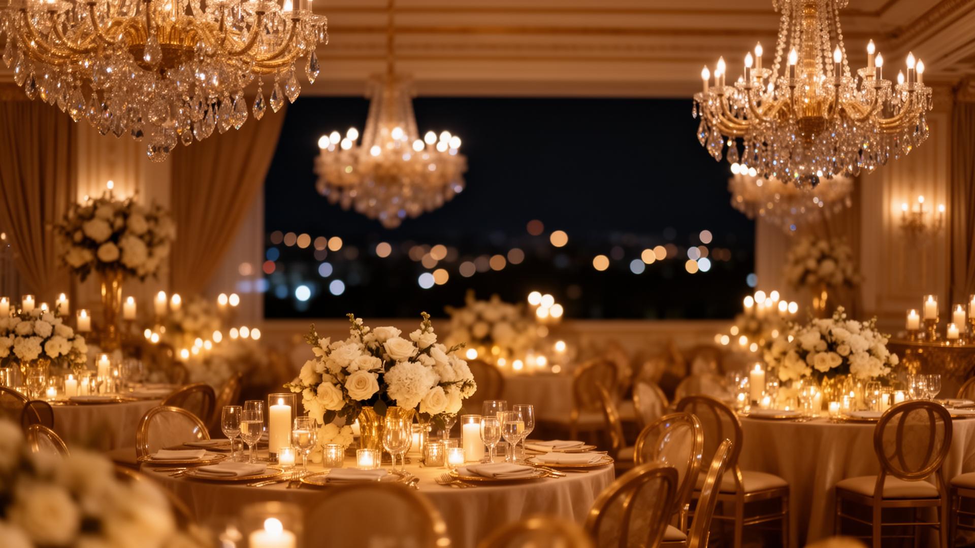 Elegant ballroom set for an evening reception with candlelit tables and crystal chandeliers